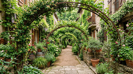 Naklejka premium Quiet urban eco district alleyway completely transformed into green corridor filled with potted plants vegetation