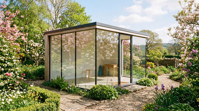 Modern glass walled studio in garden reflecting bright spring afternoon with minimalist architectural design elements