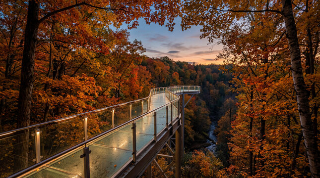Modern glass bridge situated under colorful canopy of autumn trees during beautiful serene dusk evening