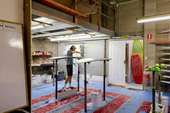 Glassing room in surfboard workshop in Australia