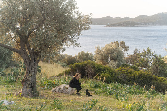 Woman sitting under tree with dog by the sea 