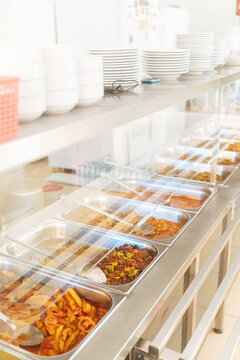 Self-service buffet with various hot dishes