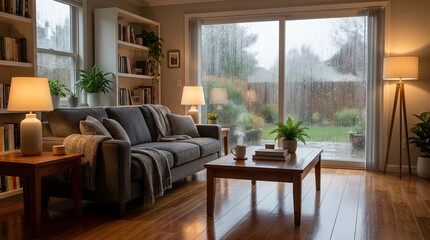 Fototapeta premium A modern luxury living room interior featuring a wooden floor, stylish furniture with chairs and a table, and a cozy fireplace with a view through large windows
