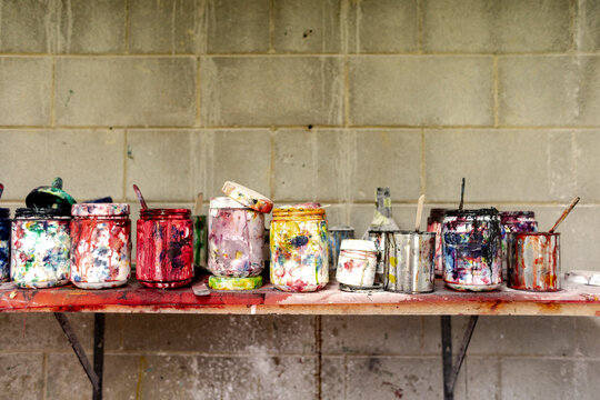 Pigment jars in surfboard glassing room