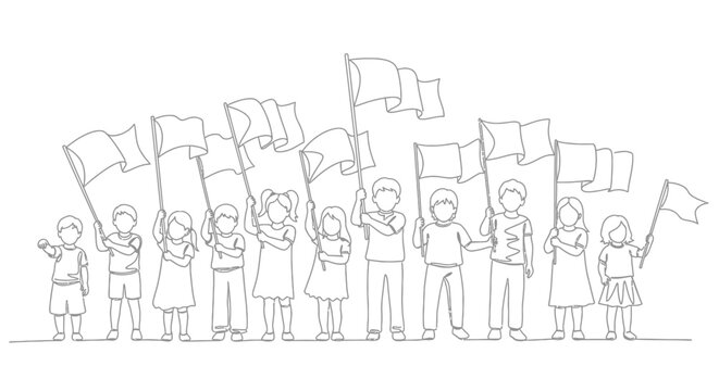 Diverse group of children holding blank flags, protest, illustration, unity, freedom, concept