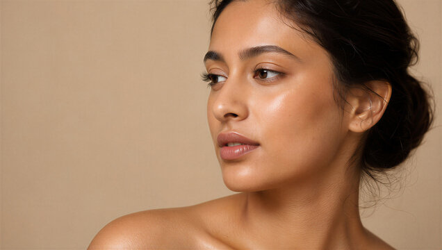 Skincare beauty portrait of a South Asian woman with glowing golden olive skin, natural texture, soft studio lighting, and clean copy space
