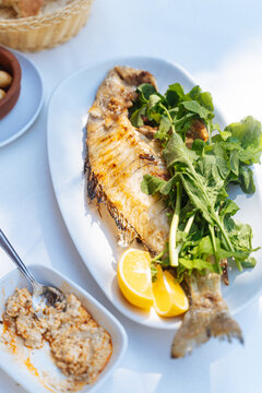 Grilled fish with lemon and greens on plate