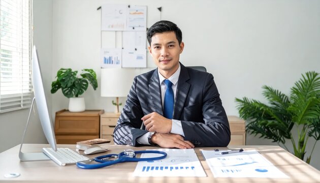 A suited man at a desk, surrounded by office plants and documents, smiling at camera