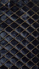 Naklejka premium Elegant Deep Navy Blue Velvet Fabric Texture Featuring Luxurious Diamond Quilted Stitching with Metallic Gold Threading for Sophisticated Interior Design Projects