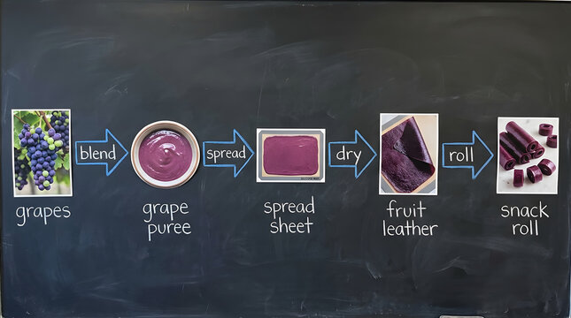 Grapes transforming into fruit leather snack rolls through blending spreading drying and rolling steps on chalkboard