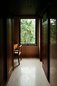 Cozy Hallway Leads to a Serene View of Vibrant Greenery