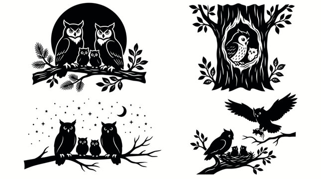 Set of hand drawn owl illustrations in black and white woodcut style.