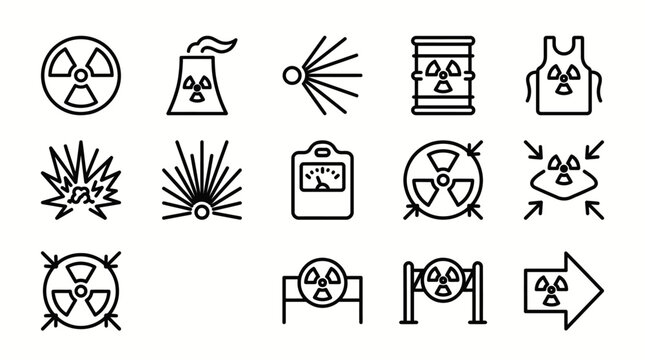 Set of radiation and nuclear energy icons in line art style.