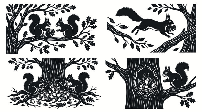 Set of squirrel illustrations in woodcut linocut style.
