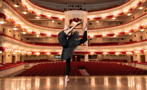 Graceful slim female ballerina dancing on stage