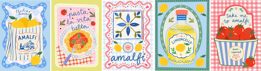 Amalfi. Mediterranean summer. Vector illustration of Italian lemons, tomatoes, pasta, limoncello, and ceramic tiles from Italy. Frame for a poster, postcard, or T-shirt print.