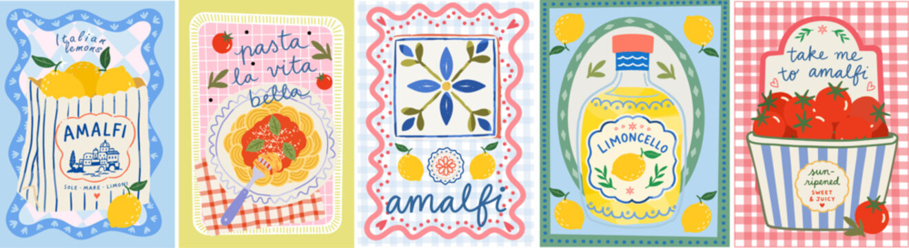 Amalfi. Mediterranean summer. Vector illustration of Italian lemons, tomatoes, pasta, limoncello, and ceramic tiles from Italy. Frame for a poster, postcard, or T-shirt print.