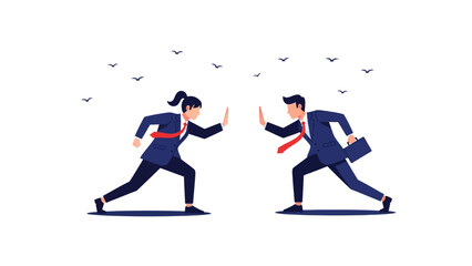 Obraz premium Business Competition Conflict with Male and Female Professionals Pushing Against Each Other ideal for corporate rivalry articles and conflict resolution presentations.