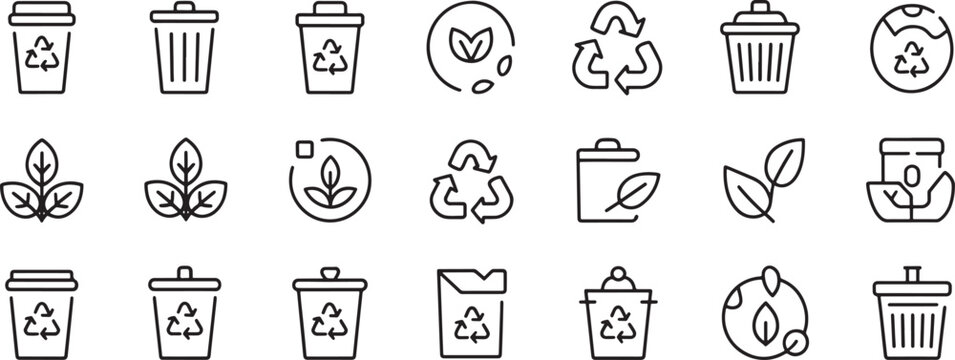 Recycle Bin Dumpster Icon Set with Outline Arrows and Recycling Symbol for Eco Sustainability Design Graphics Background