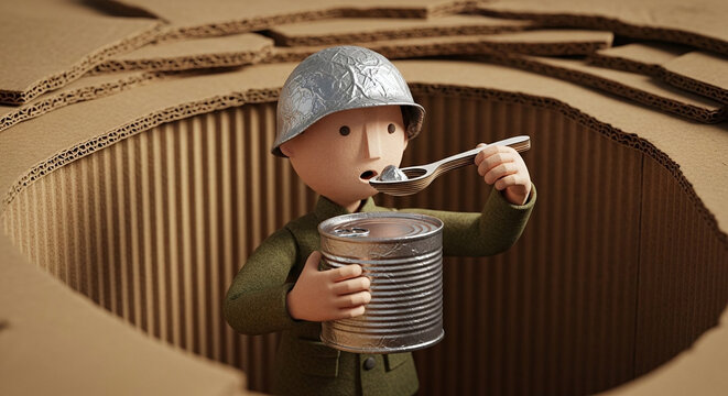 Miniature soldier model eating rations in a corrugated cardboard hole