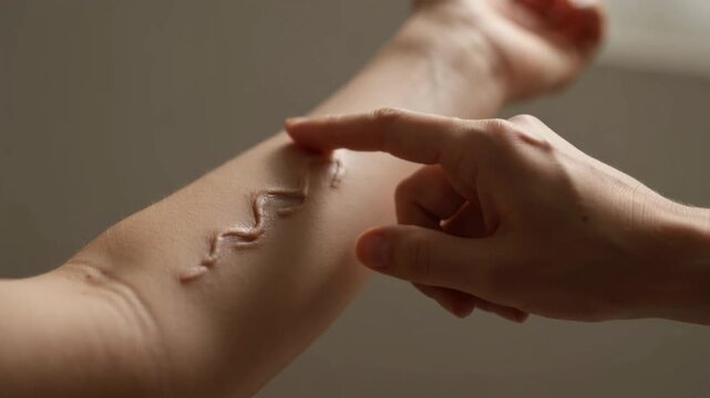Close up view of healed skin marks and wavy texture on human arm showing old scars and skin texture details