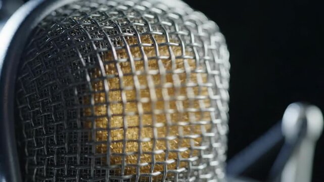 Close up of a vintage condenser microphone with golden mesh