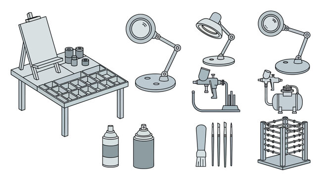 Art Studio Setup: Easel, Paints, Tools, Magnifying Lamps, Airbrush, Spray Cans