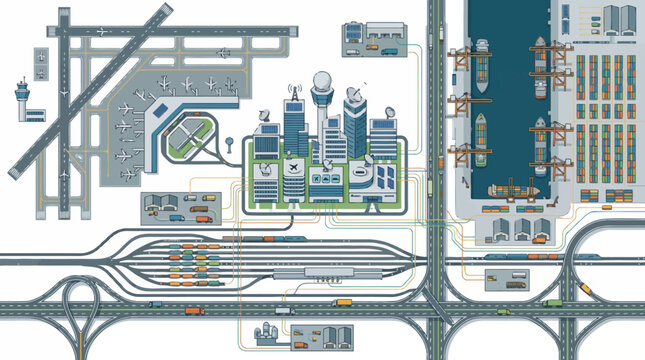 Global logistics and smart transportation network top view vector background with integrated airport, seaport cargo terminal, railway yard, highway system, and digital supply chain infrastructure.