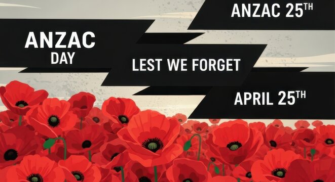 ANZAC Day poppy field with commemorative text