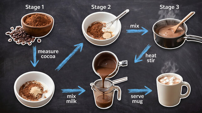 Hot chocolate recipe infographic stages on blackboard background