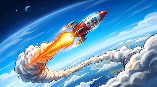 Retro rocket ship blasting off into space with fiery exhaust, Earth and moon visible