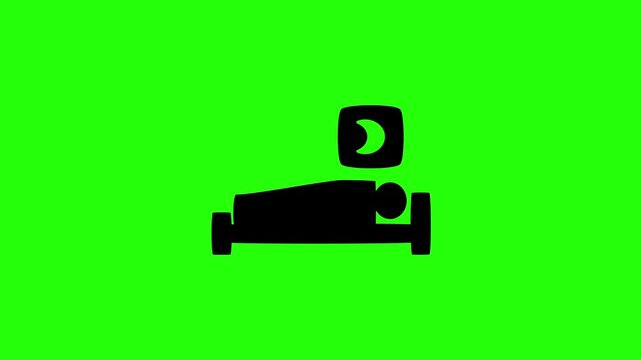 High quality 4K video showing a silhouette of a person sleeping on a bed under a crescent moon bouncing. Creative asset for hotel booking travel maps.
