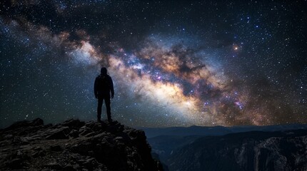 Fototapeta premium Man silhouette on cliff edge gazing at vibrant Milky Way galaxy, starlit night sky