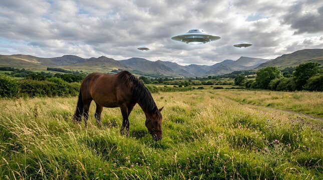 Horse grazing in field under UFOs in cloudy sky, rural landscape, alien invasion concept