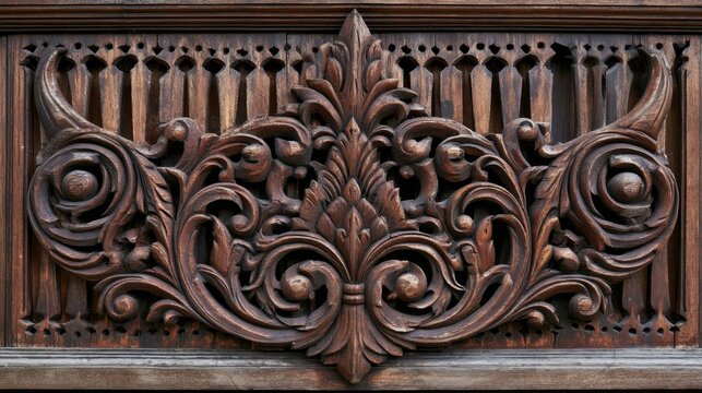 Ornate carved wooden panel detailing vintage architectural craftsmanship