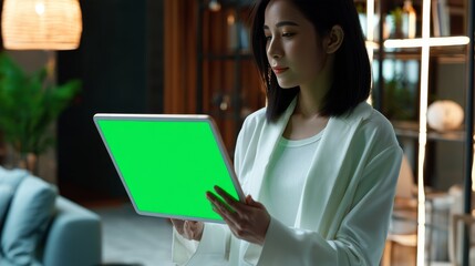 Fototapeta premium Young Asian woman using tablet in modern cafe setting for digital content
