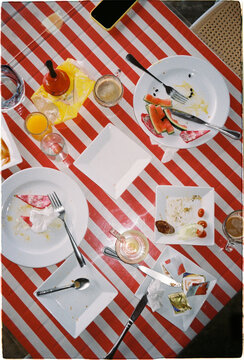 People finish eating breakfast at hotel