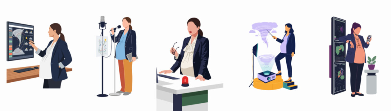 Vector illustration collection of a pregnant meteorologist and news reporter working in a professional studio, analyzing weather patterns, storms, and forecasting future events.