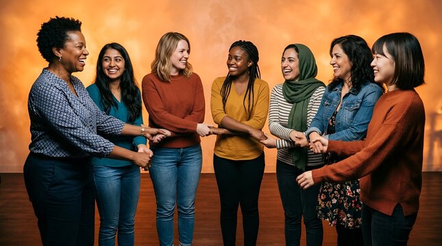 Diverse women holding hands in circle, unity and empowerment concept