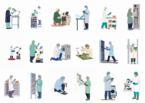 Flat vector illustration set of engineers and technicians in cleanroom suits working on electronics, circuit boards, and robotics in a high-tech factory.