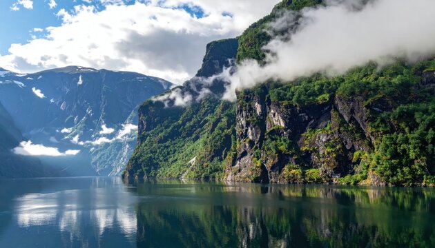 Majestic fjord scene, towering cliffs, lush green vegetation, serene water, cloudy sky, natural beauty