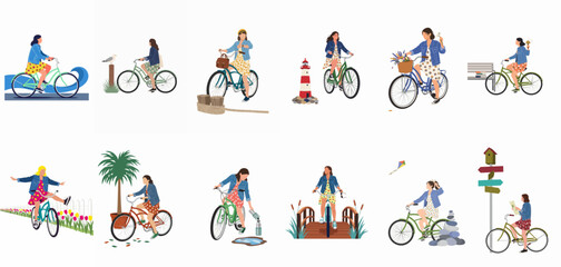 Fototapeta premium Collection of diverse flat vector illustrations featuring young women riding bicycles in various outdoor environments, wearing denim jackets and floral summer dresses.