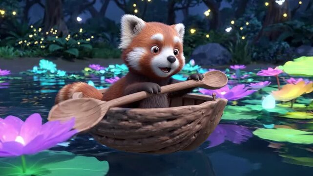 Cute red panda in a boat on a magical pond at night