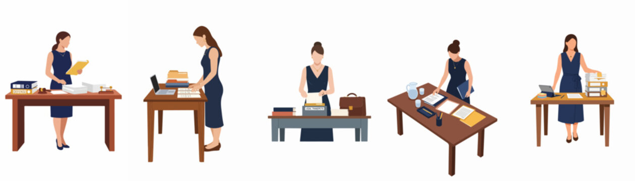 Set of flat vector illustrations of a female lawyer or paralegal working at different office desks with legal documents and laptop computers.