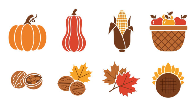 Autumn Harvest Icons: Pumpkin, Corn, Squash, Apples, Nuts, Leaves, Sunflower