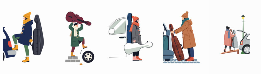 Set of flat vector illustrations depicting women in winter clothing loading and unloading large cello cases from their cars in an urban setting. © Papat