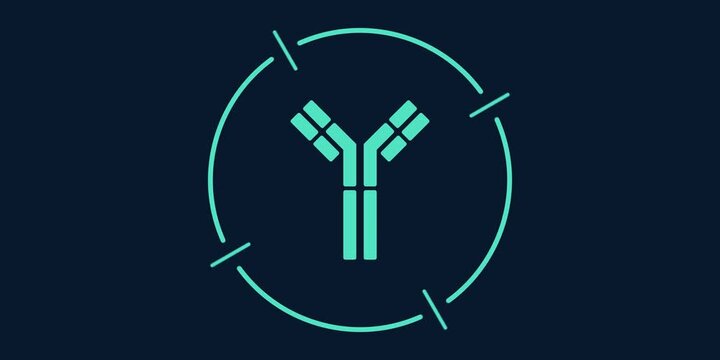 Antibody molecule bound to pathogen cell within scanning target. Drug discovery and immune binding concept scene. Medical research technology graphic. 