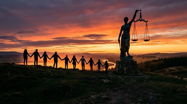 People holding hands around justice statue at sunset, unity and equality concept