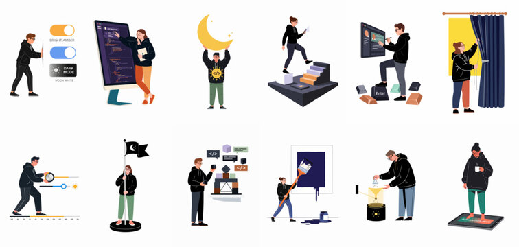 Illustration set depicting developers and designers working on dark mode and light mode user interface settings for websites and applications.