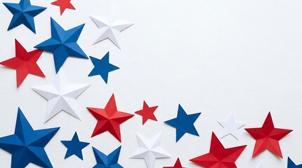 Obraz premium Festive red, white, and blue star shapes artfully arranged on a pristine white background, offering a vibrant and patriotic decorative border for national celebrations and designs